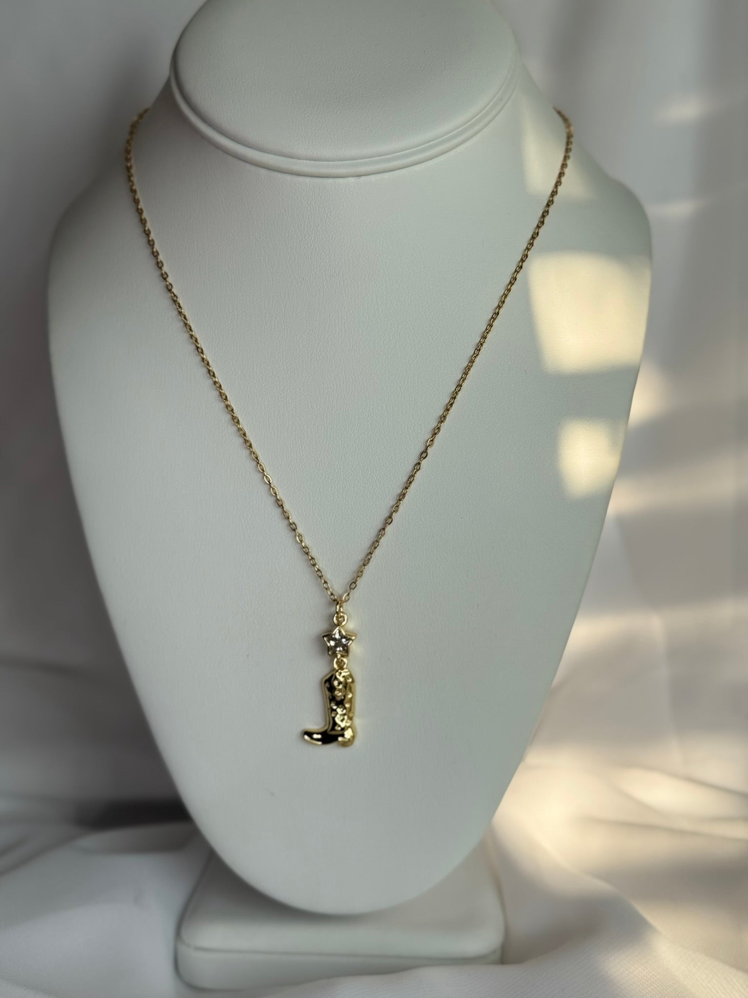 Gold Rhinestone Cowgirl Boot Pendant Necklace