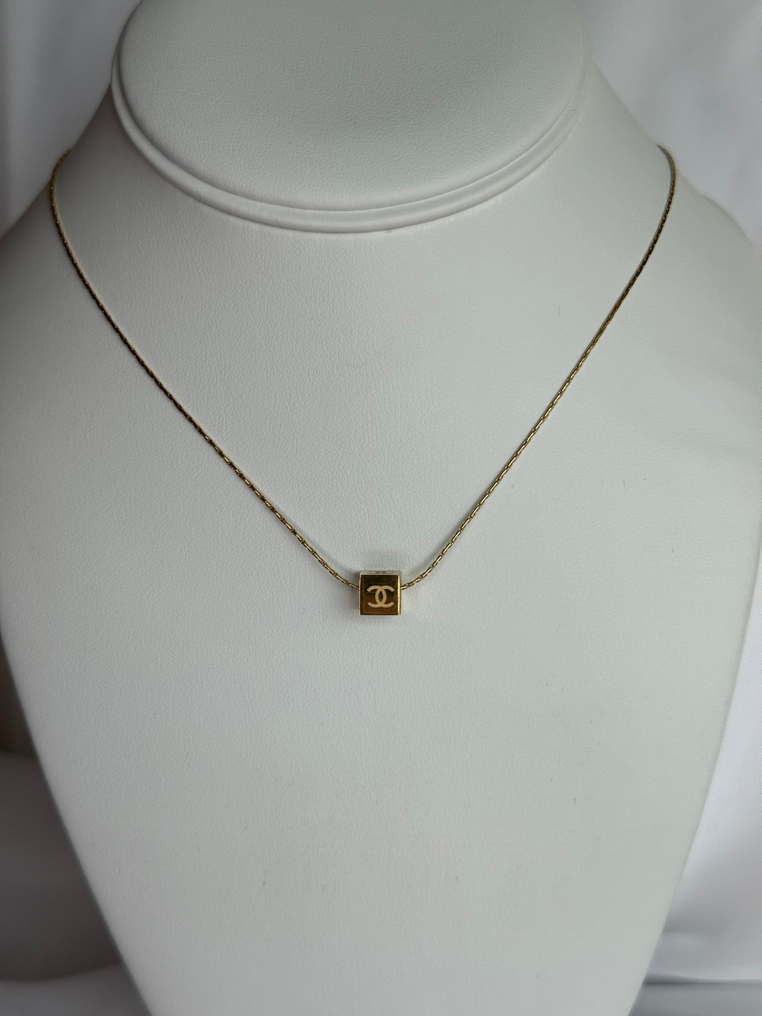 Gold Cube CC Pendant Necklace