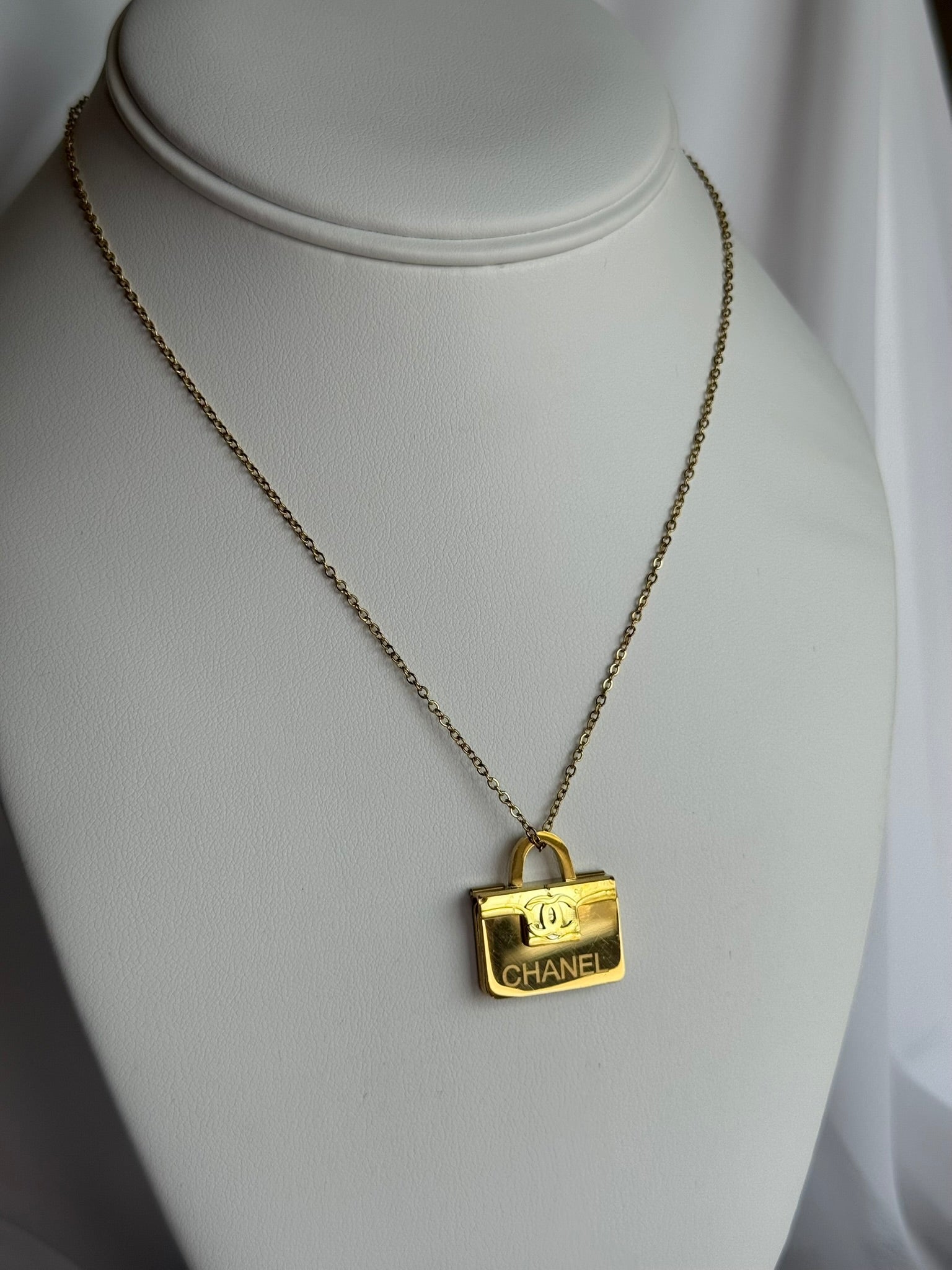 Gold Chanel Envelope Pendant Necklace