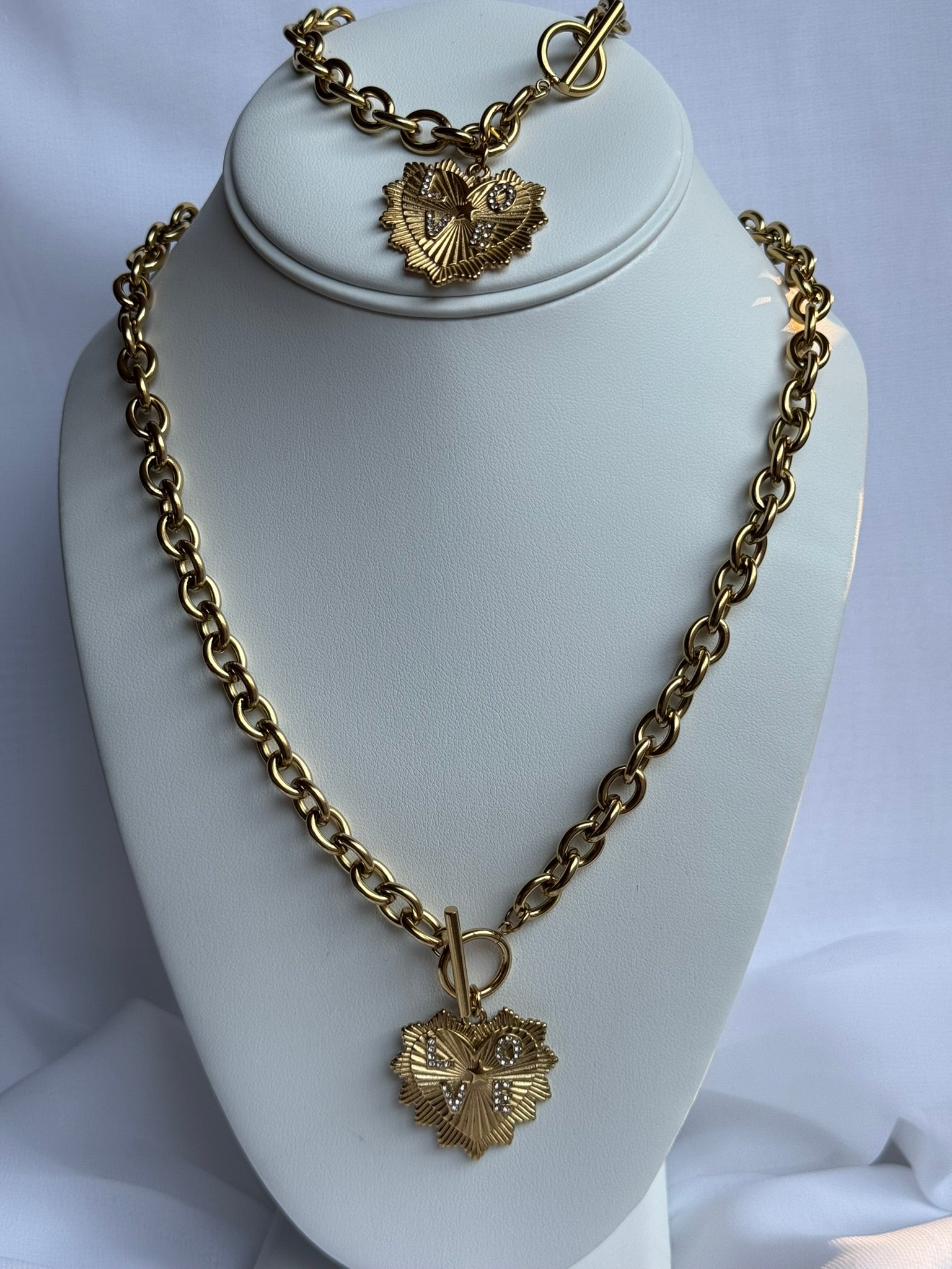 Gold Heart LOVE Necklace & Bracelet Set