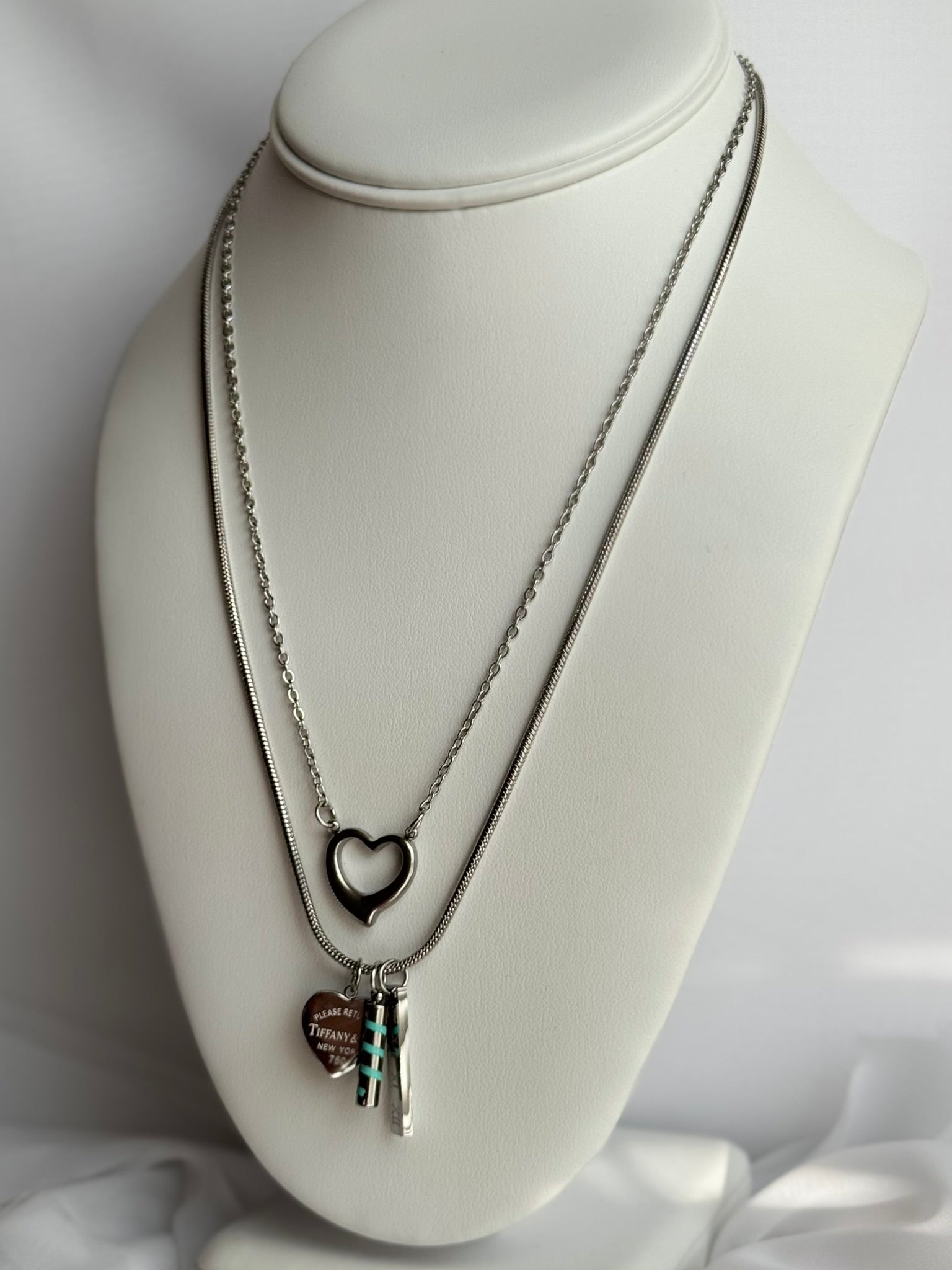 Silver Layered Heart Charm Necklace