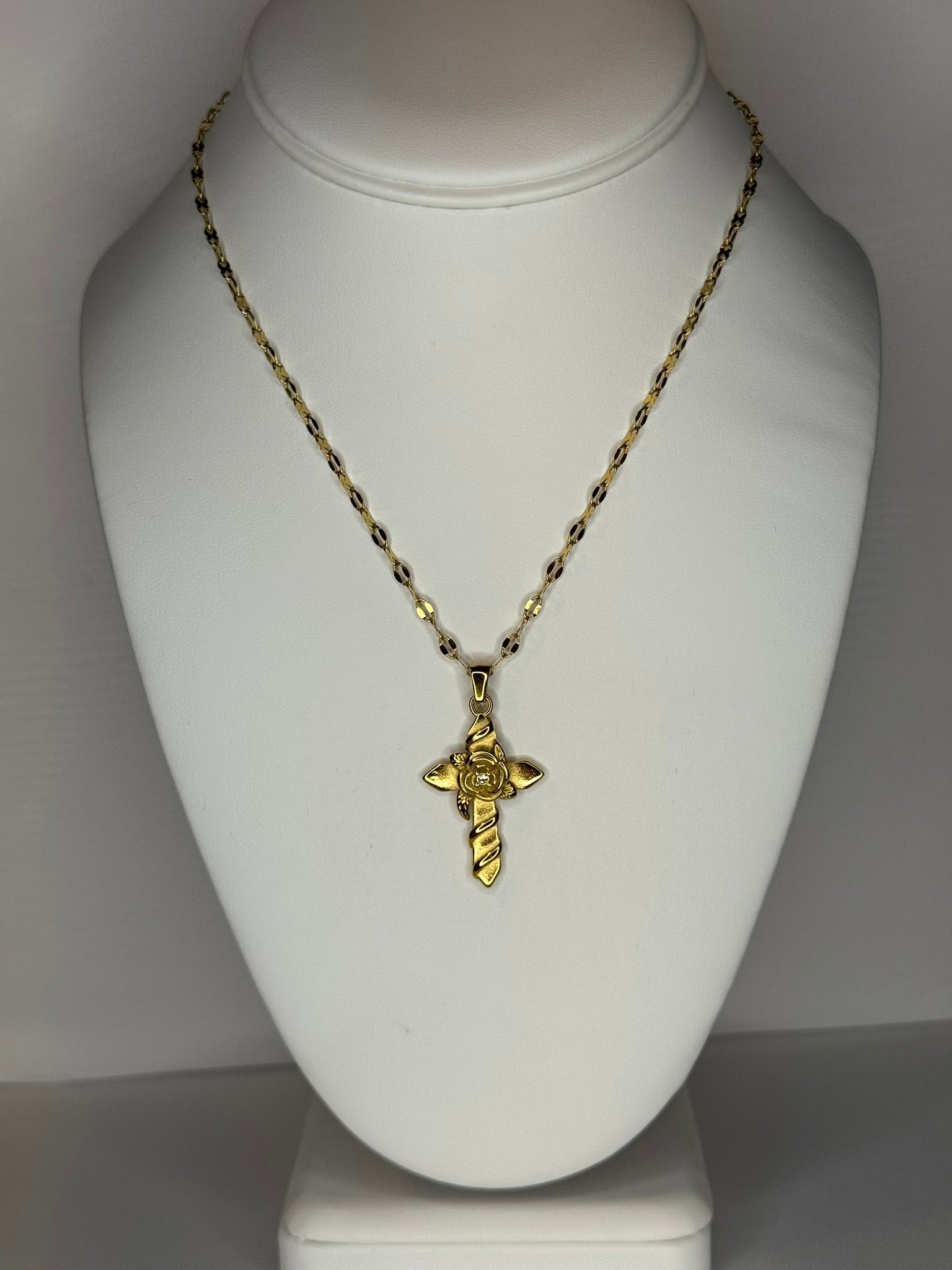 Gold Floral Like Cross Pendant Necklace
