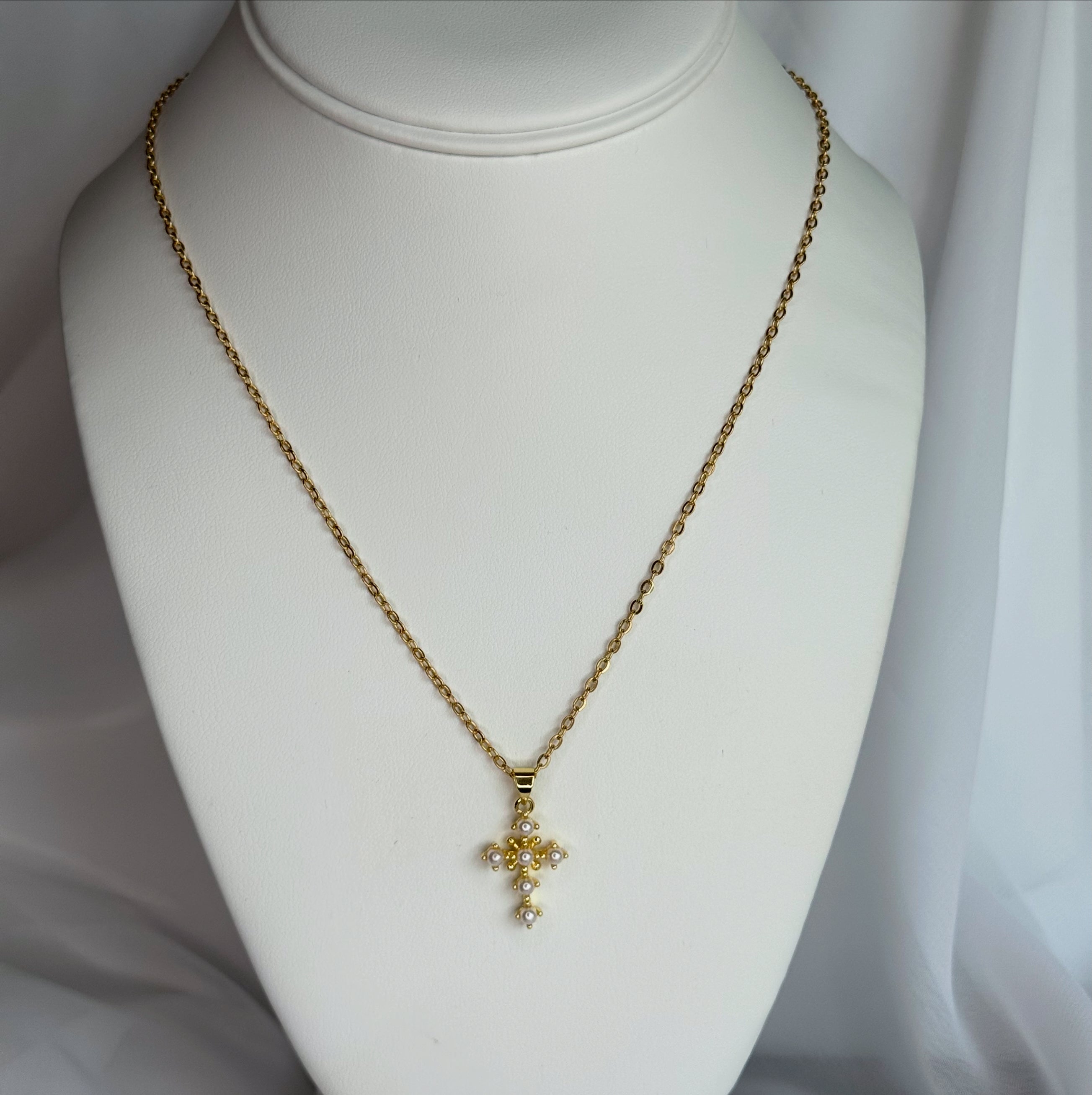 Simple Gold Pearl Cross Pendant Necklace